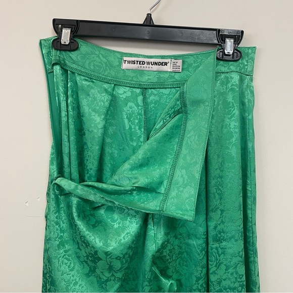 ELEGANT KELLY GREEN Wide Leg Satin Floral Formal Statement Trousers Size 6 Funky - Picture 8 of 10